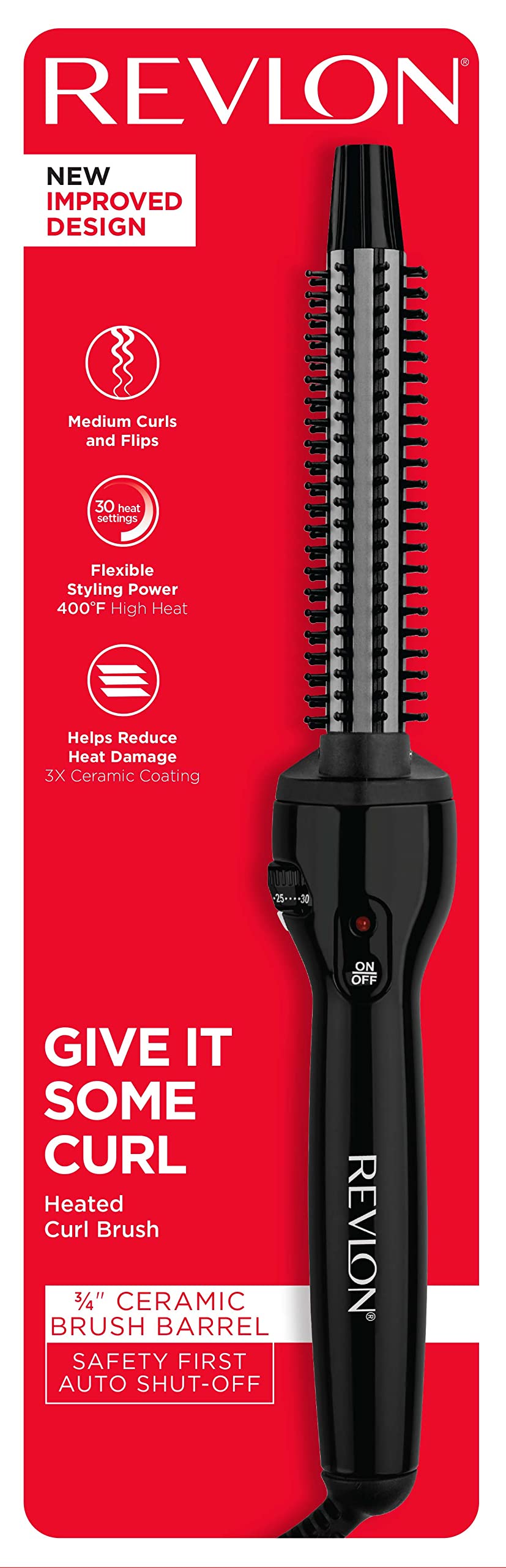 Revlon packaging showing features list, dual voltage and auto shut-off convenience