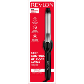 Revlon curling iron beside ruler showing 4-inch barrel length and flip stand