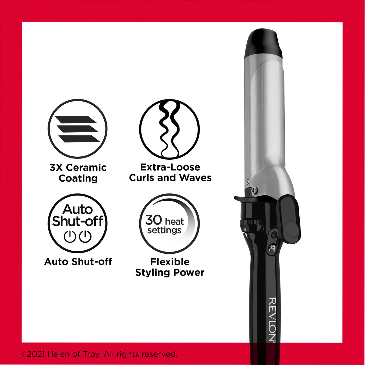 Revlon Perfect Heat next to hand to show 1.5-inch barrel size and ergonomic grip for comfort