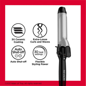 Revlon Perfect Heat next to hand to show 1.5-inch barrel size and ergonomic grip for comfort