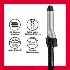 Revlon Perfect Heat beside ruler to show 1-1/4 inch barrel size for versatile curls