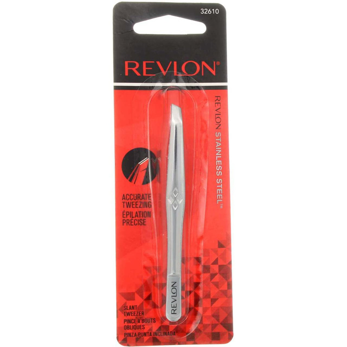 Revlon slant tip tweezers front packaging showing set and benefit
