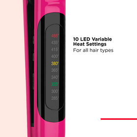 Revlon styling hair with flat iron, demonstrates quick smooth glide benefit