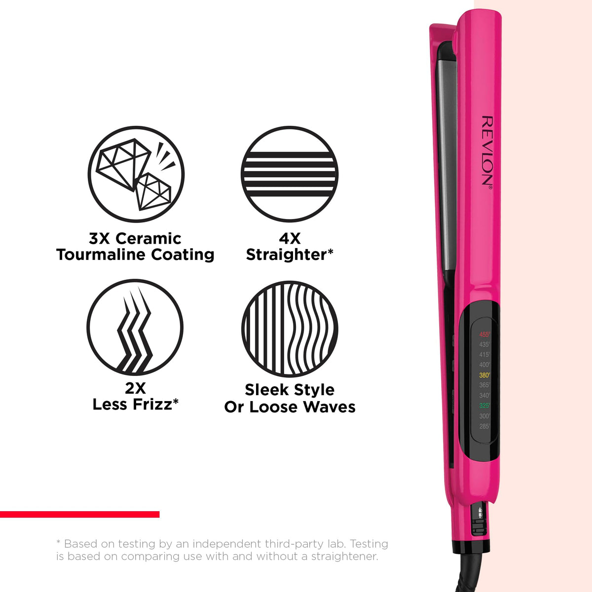 Revlon LED control panel lit, emphasizes precise temperature selection