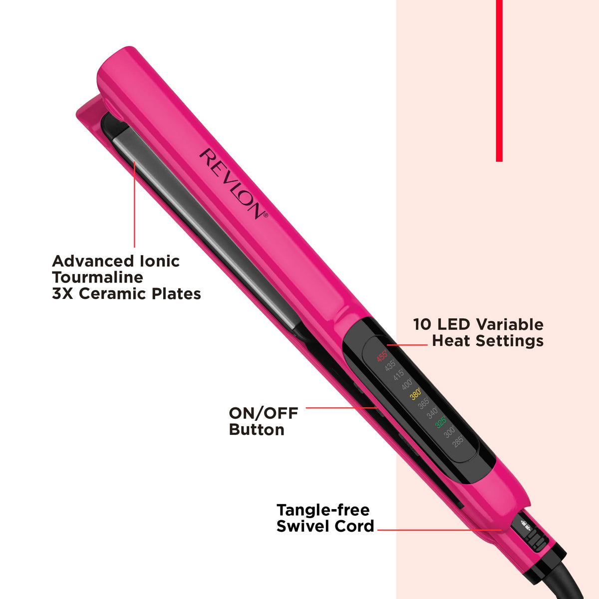 Revlon flat iron beside ruler, illustrates 1-inch plates and extra coverage