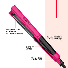 Revlon flat iron beside ruler, illustrates 1-inch plates and extra coverage