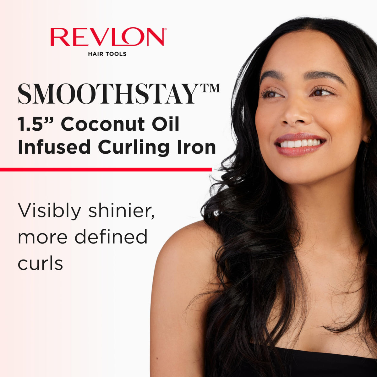 REVLON close-up of coconut-oil-infused ceramic barrel, smooth glide and shine