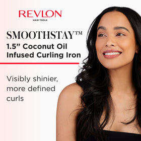 REVLON close-up of coconut-oil-infused ceramic barrel, smooth glide and shine