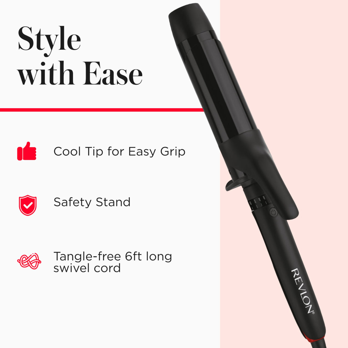 REVLON barrel texture detail showing triple ceramic coating, even heat distribution
