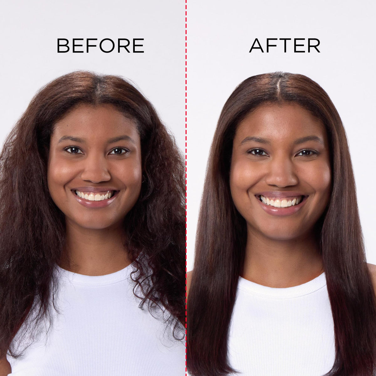 REVLON SmoothStay before and after hair comparison showing improved shine and smoothness