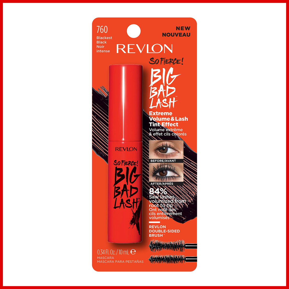 Revlon tube next to ruler showing 0.34 fl oz size and travel-ready benefit