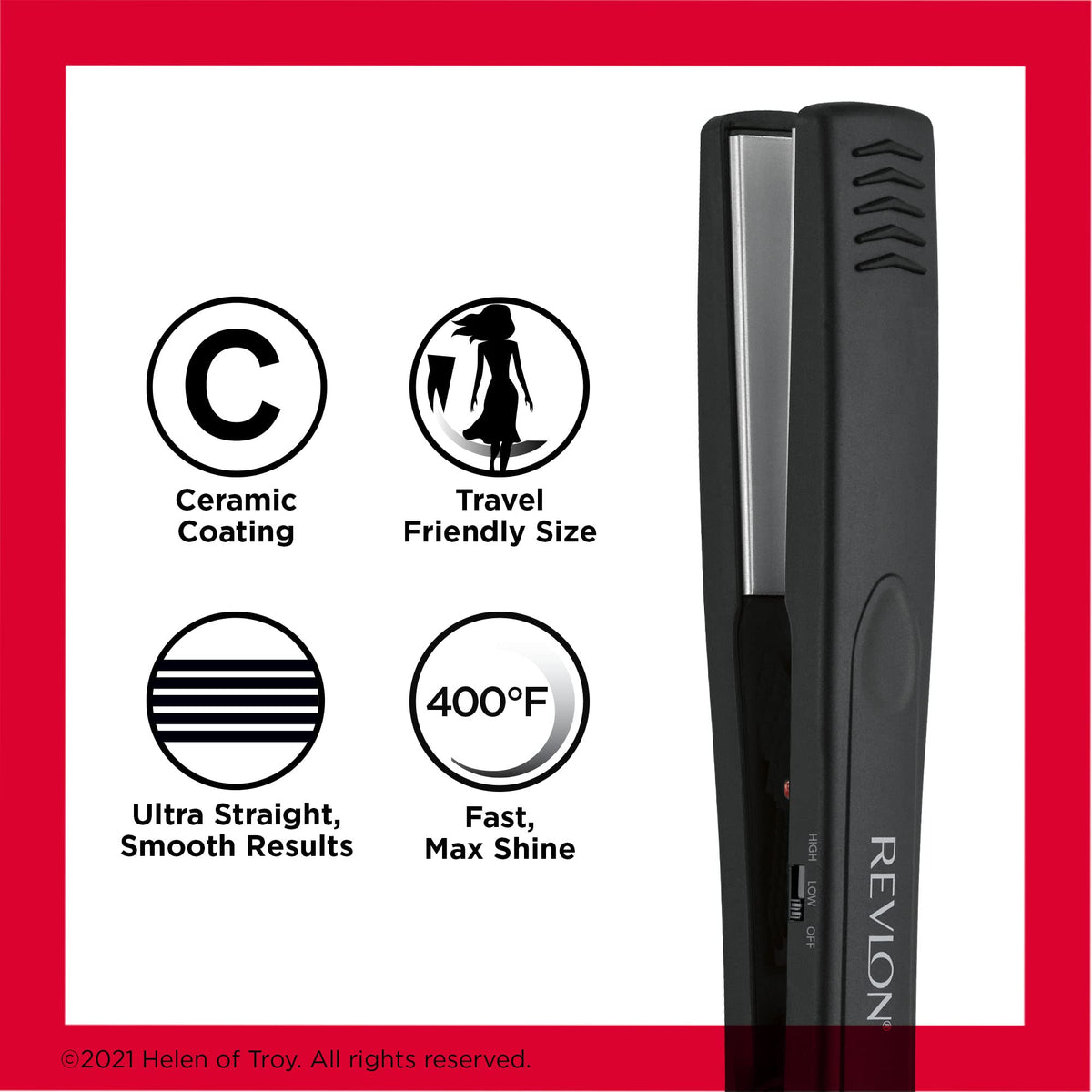 Revlon straightener with hair strand illustrating shiny, smooth results after use