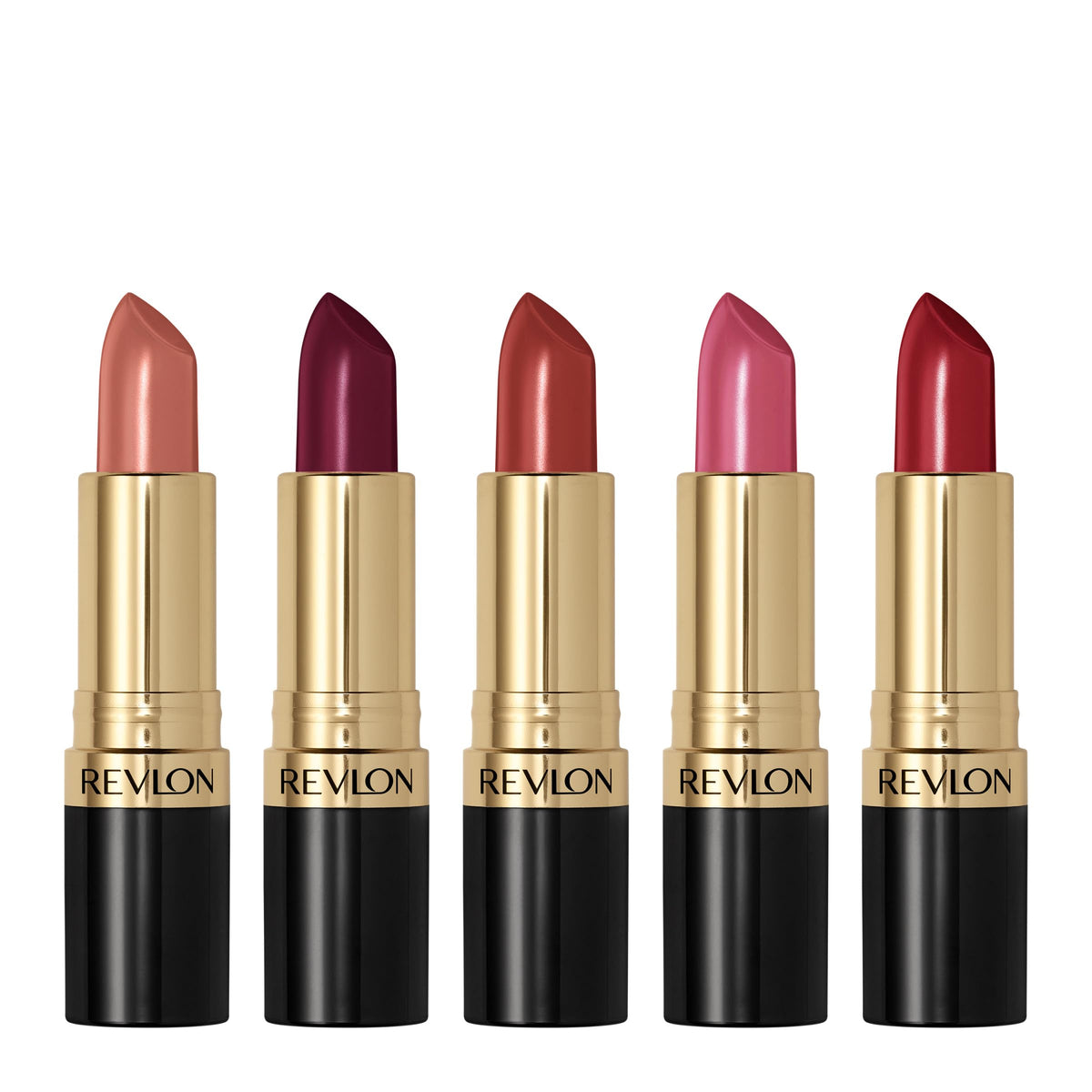REVLON front packaging showing all five lipsticks and gift-ready box