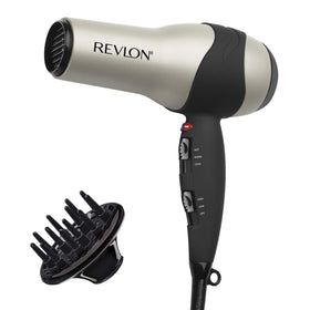 REVLON turbo dryer front view showing sleek silver finish and fast-dry benefit