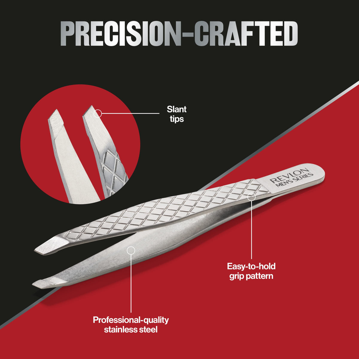 Revlon tweezers grip detail displaying larger textured handle for confident control
