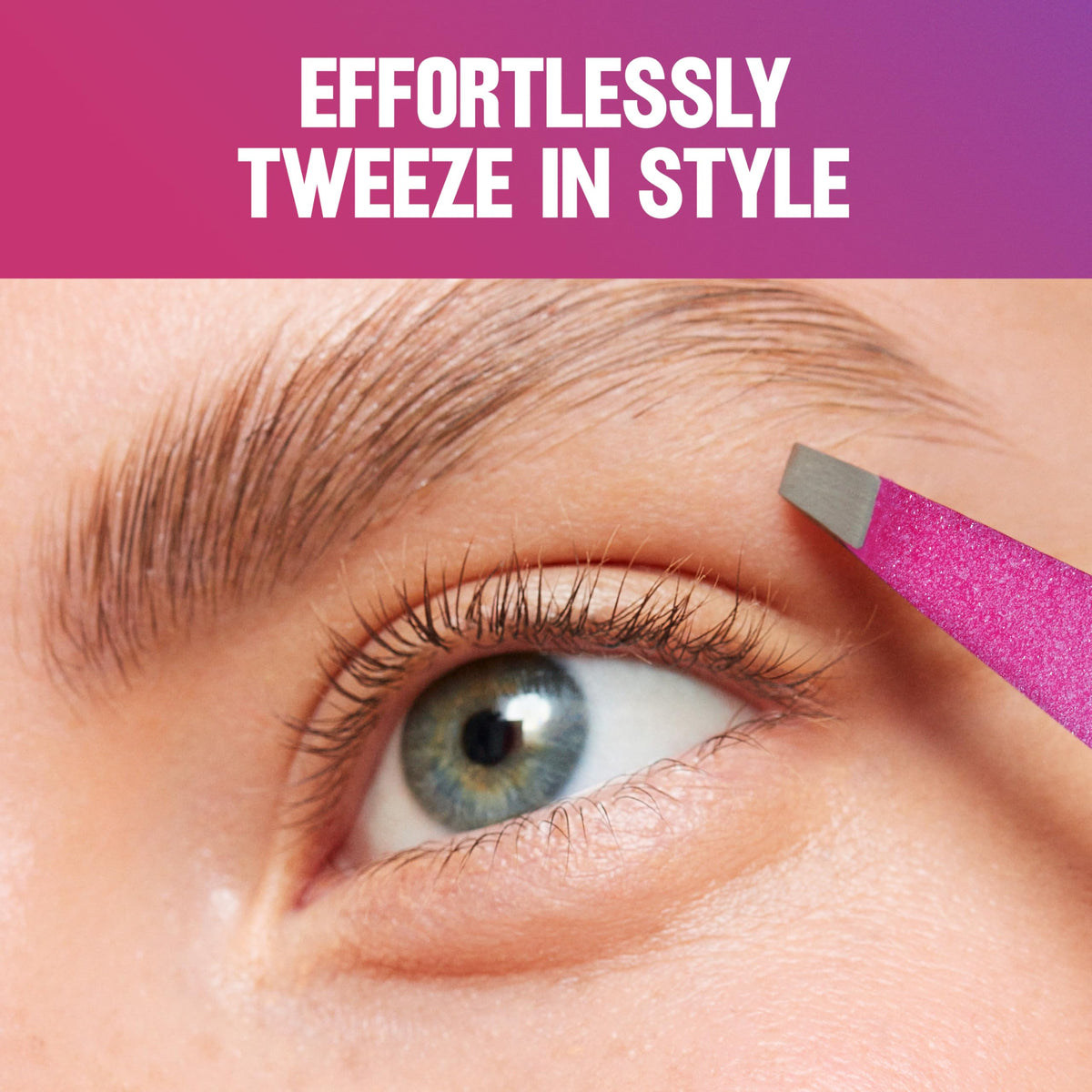 Revlon tweezers held in hand to show compact size and easy control for precise tweezing