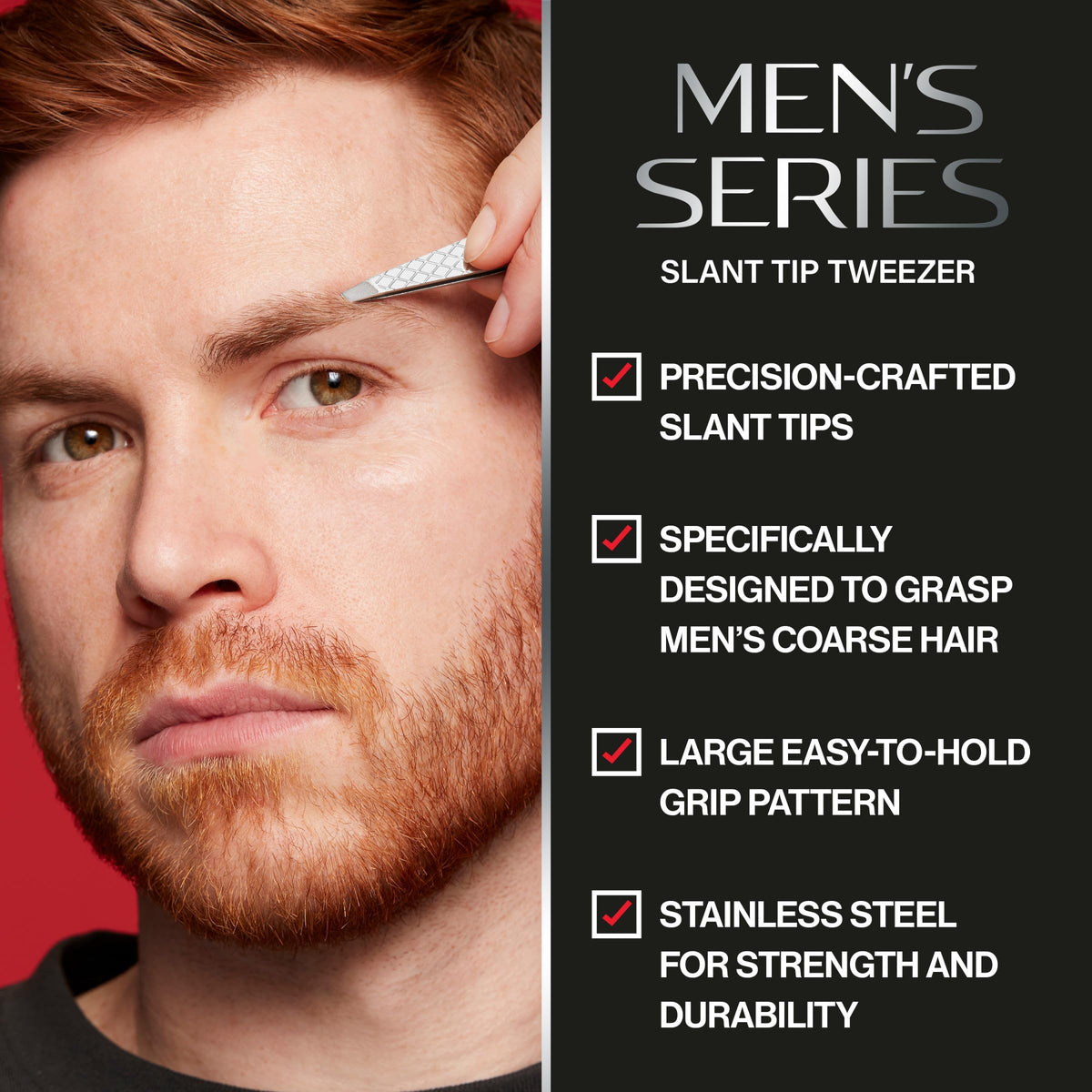Revlon tweezers slanted tip close-up highlighting ultra-sharp edge for exact plucking