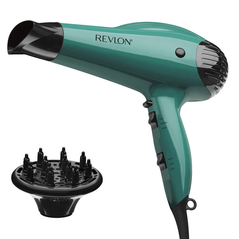 REVLON front view of green volume booster dryer showing controls and shape