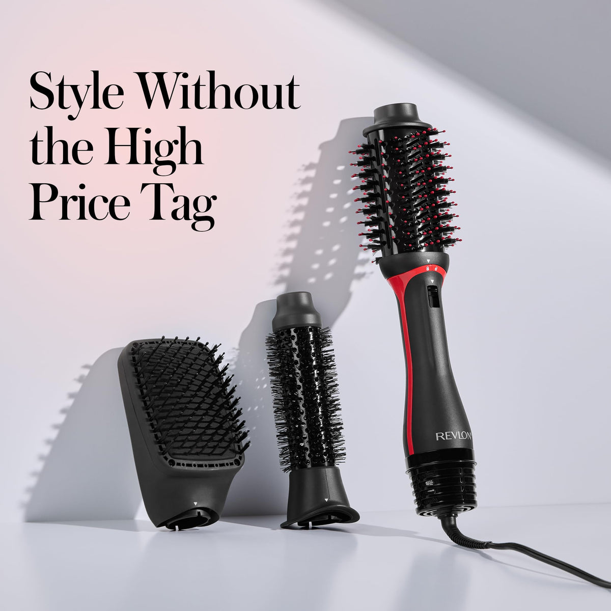 REVLON volumizer attachment closeup highlighting mixed nylon and boar bristles for shine