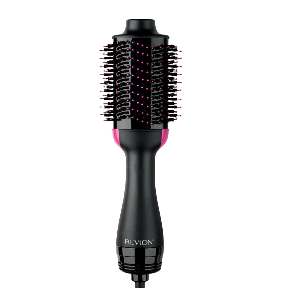 REVLON One-Step Volumizer front view showing sleek black design and controls, fast styling benefit
