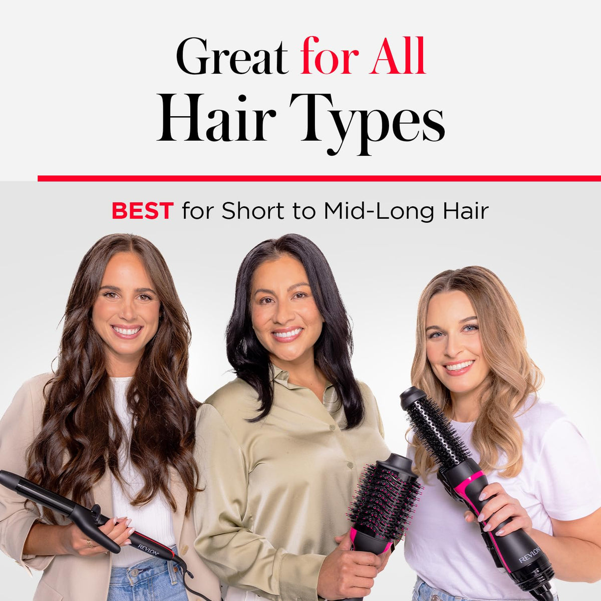 REVLON held in hand to compare size and show the 2.4 inch brush scale
