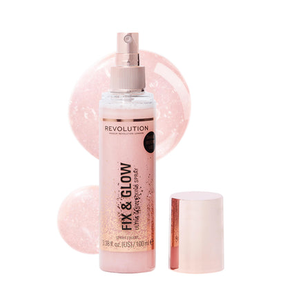 Revolution Beauty London Fix & Glow front bottle image showing label and size benefit illuminates vanity