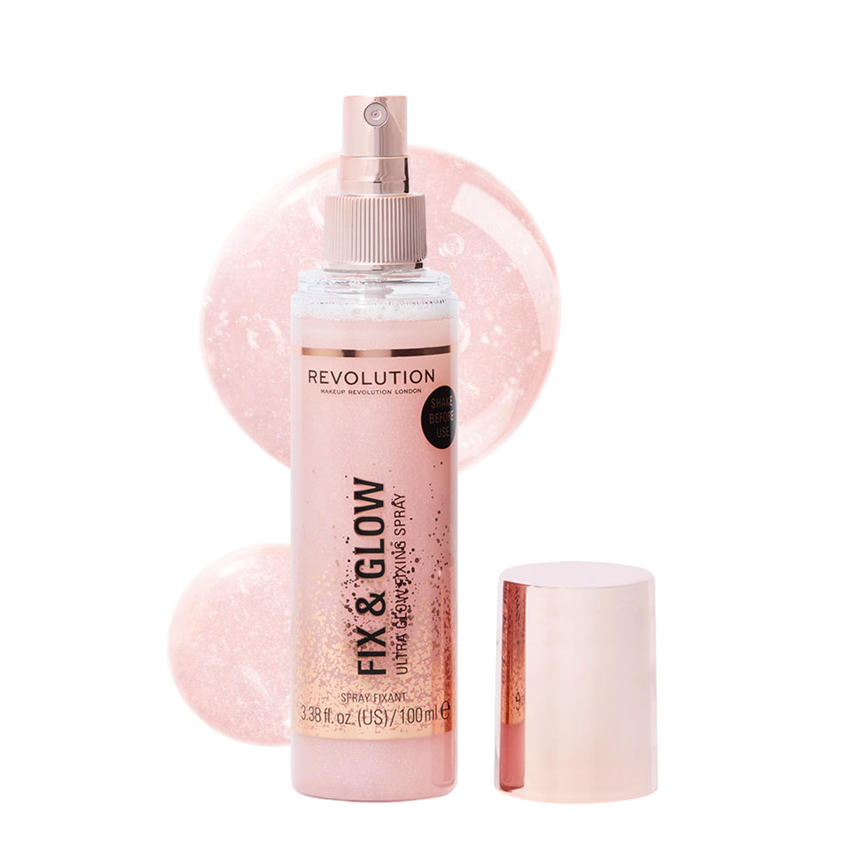 Revolution Beauty London Fix & Glow front bottle image showing label and size benefit illuminates vanity