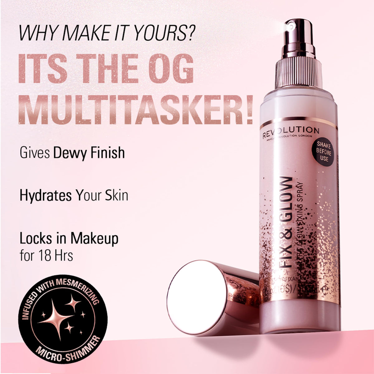 Revolution Beauty London mist being sprayed on model showing even finish and refreshed makeup benefit