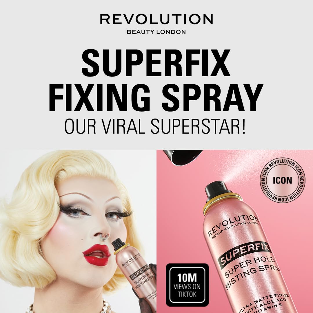 Revolution Beauty Superfix used on a makeup station demonstrating professional application and long-lasting hold