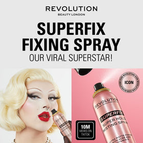 Revolution Beauty Superfix used on a makeup station demonstrating professional application and long-lasting hold