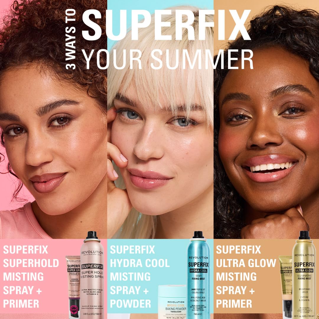 Revolution Beauty Superfix in a day-to-night lifestyle scene showing shine-free look throughout events