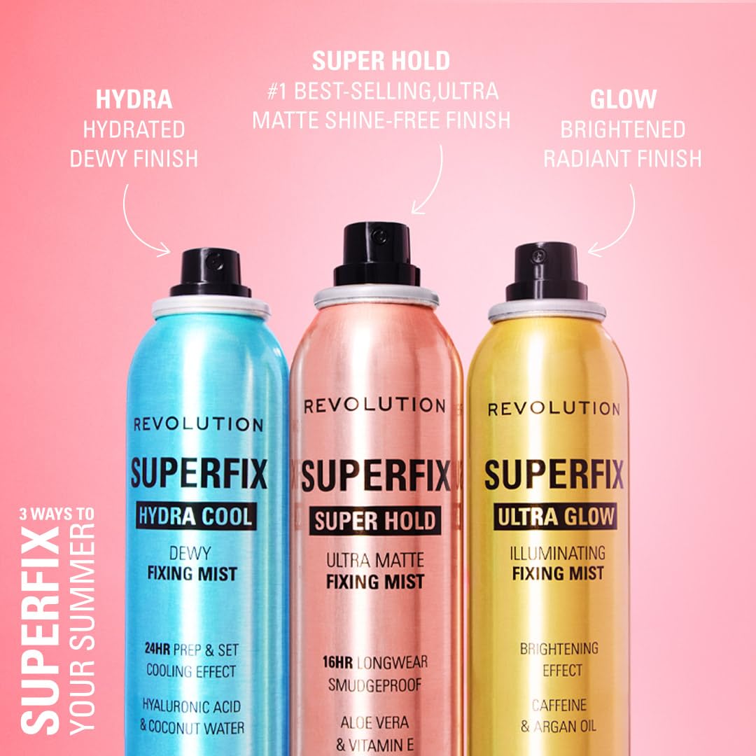 Revolution Beauty Superfix held in hand for size comparison showing travel-friendly 5 fl oz convenience