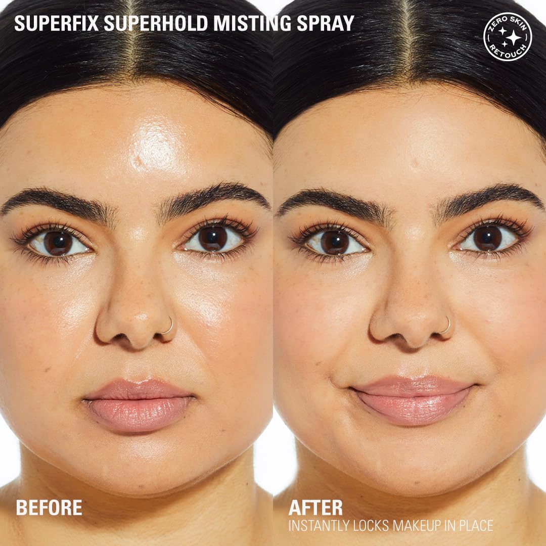 Revolution Beauty Superfix spray nozzle closeup demonstrating fine mist for even, lightweight application