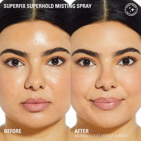 Revolution Beauty Superfix spray nozzle closeup demonstrating fine mist for even, lightweight application