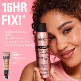 Revolution Beauty Superfix mist settling on skin to illustrate matte finish and quick-drying benefit