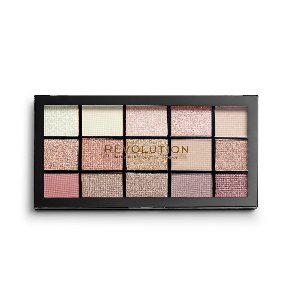 Revolution Beauty London palette front packaging showing 15 shades and travel-friendly benefit