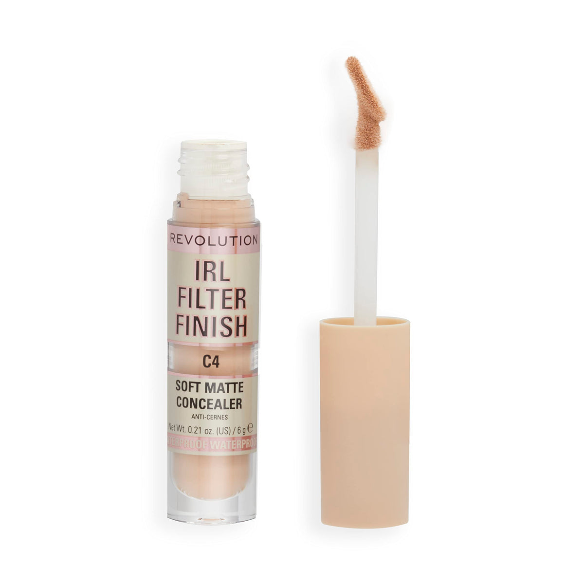 Revolution concealer front packaging shows shade C4 and benefits