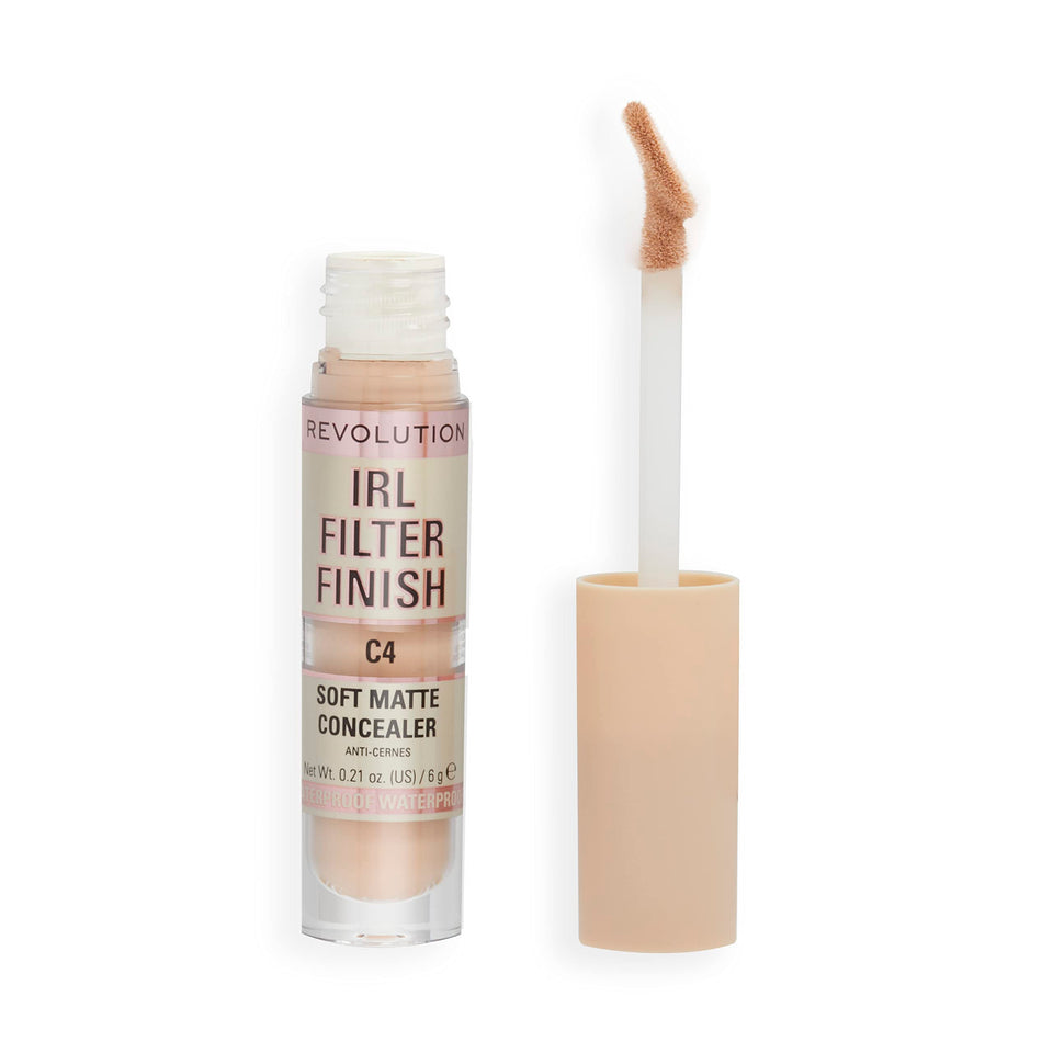Revolution concealer front packaging shows shade C4 and benefits