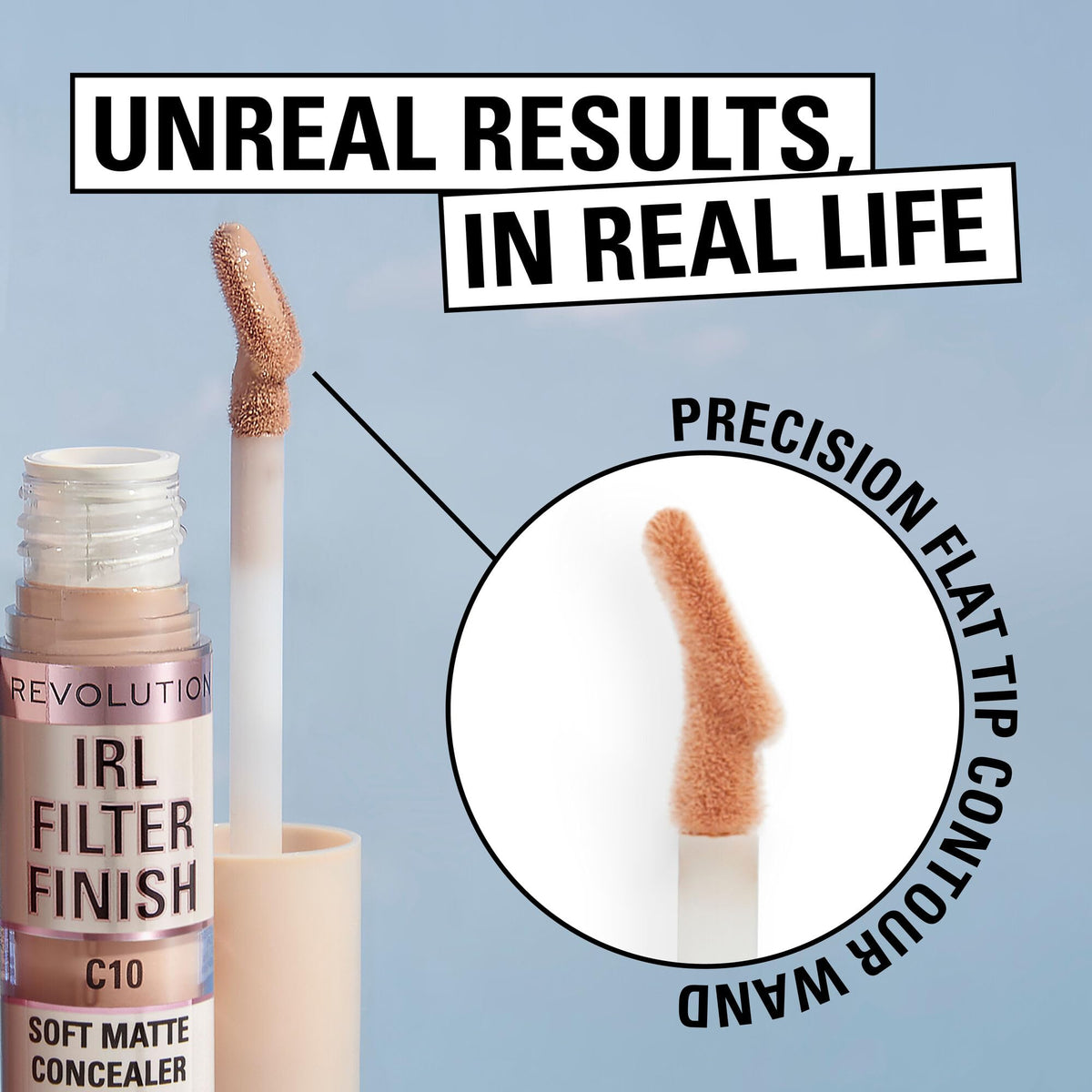 Revolution concealer applied under-eye showing brightening and crease-resistant benefit