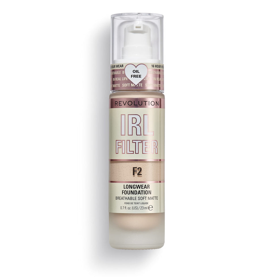 Revolution Beauty London front bottle F2 showing pump and matte finish benefit