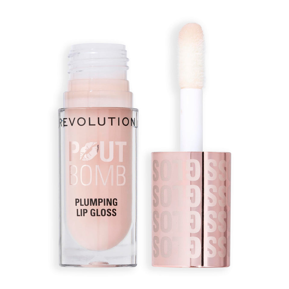 Revolution Pout Bomb front packaging showing shade and glossy finish benefit