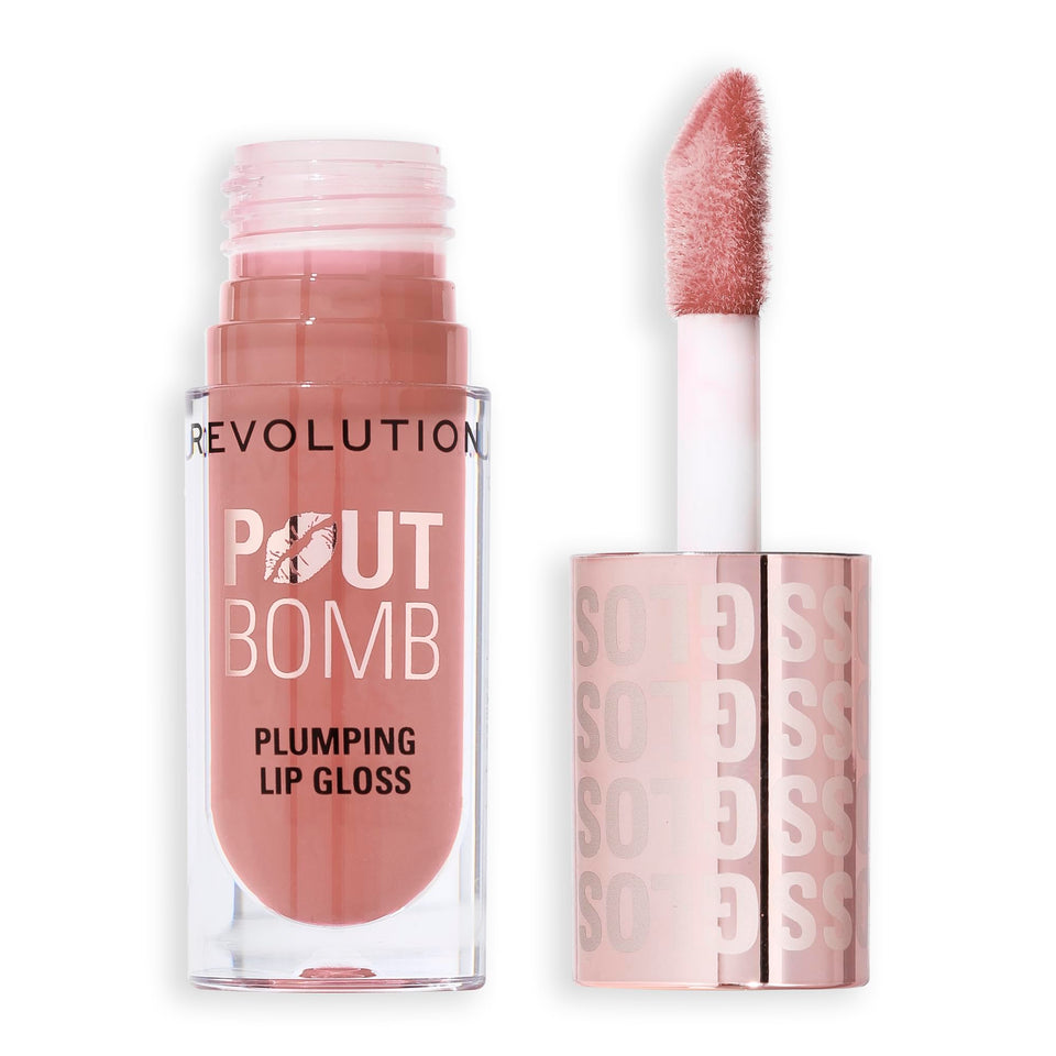 Revolution Pout Bomb front packaging showing shade and glossy finish benefit