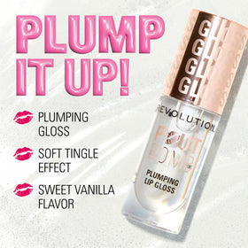Revolution Pout Bomb glossy texture close-up showing hydrating cushion finish