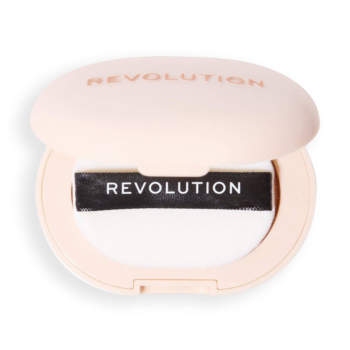 Revolution powder pops inside makeup bag showing travel-ready finish and convenience benefit