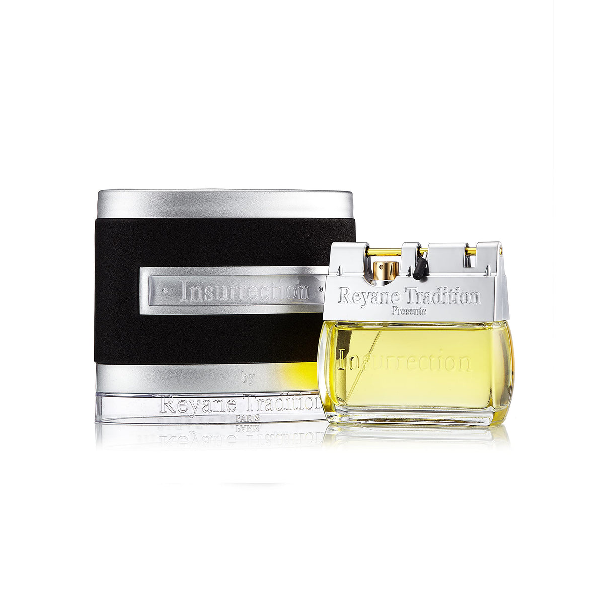 Reyane Tradition bottle front view showing elegant glass and warm amber liquid for a confident look