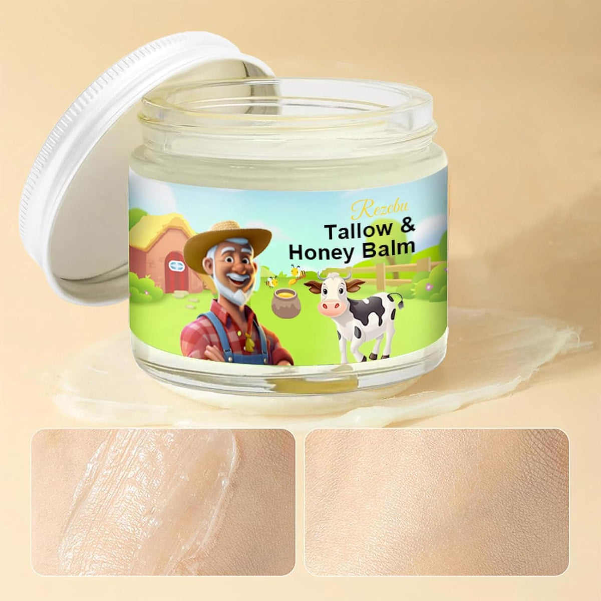 Rezebu raw honey and tallow display highlighting natural ingredients for nourishing care