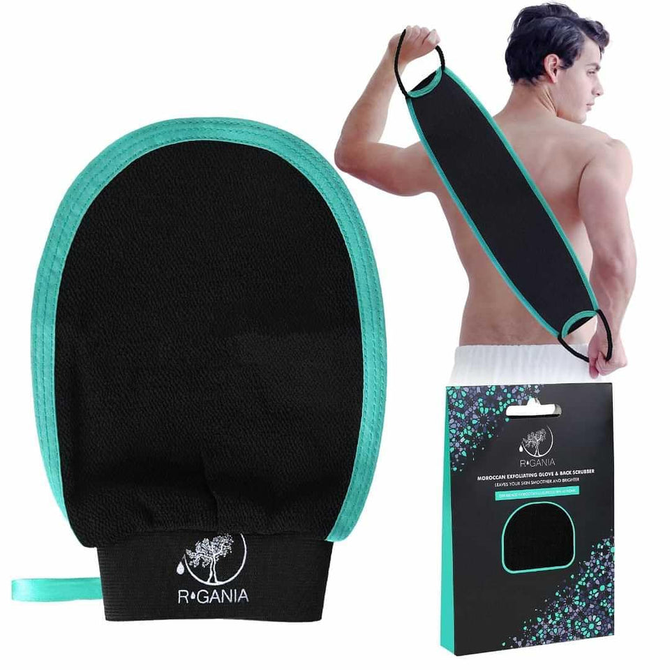 R'GANIA exfoliating glove front view showing design and ease of use