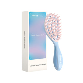 RHOS front view of blue scalp massager showing curved profile and handle benefit ergonomic cleansing