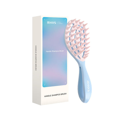 RHOS front view of blue scalp massager showing curved profile and handle benefit ergonomic cleansing
