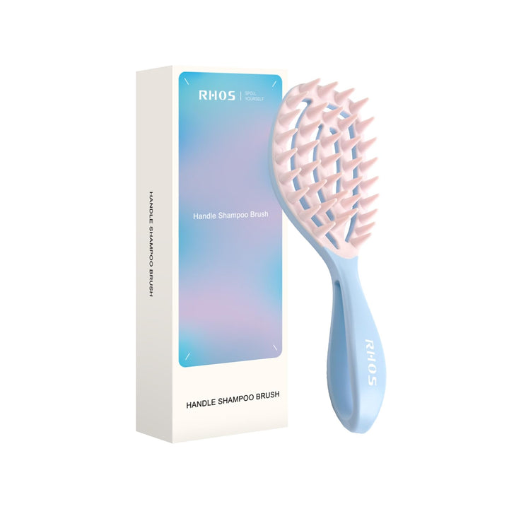 RHOS front view of blue scalp massager showing curved profile and handle benefit ergonomic cleansing